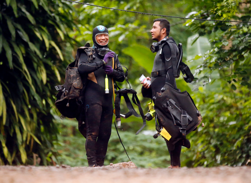 Thai rescuers prepare for a dive into the caves.
